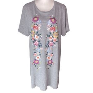 Umgee USA Sz 1XL Heathered Grey Embroidered Floral Pockets T-Shirt Tunic Dress